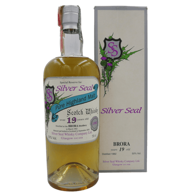 Brora 19 Jahre Silver Seal (1982) Flasche und Case Vorderseite