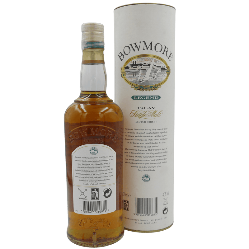 Bowmore Legend (altes Design / 2000er) Flasche und Case Rückseite