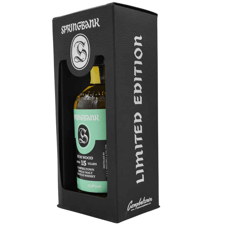 Springbank 15 Rum Wood (2019) Flasche in Case Vorderseite seitlich