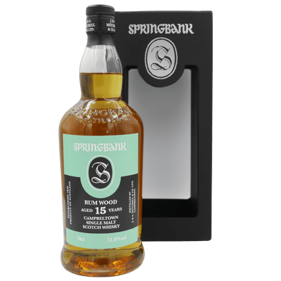 Springbank 15 Rum Wood (2019) Flasche und Case Vorderseite